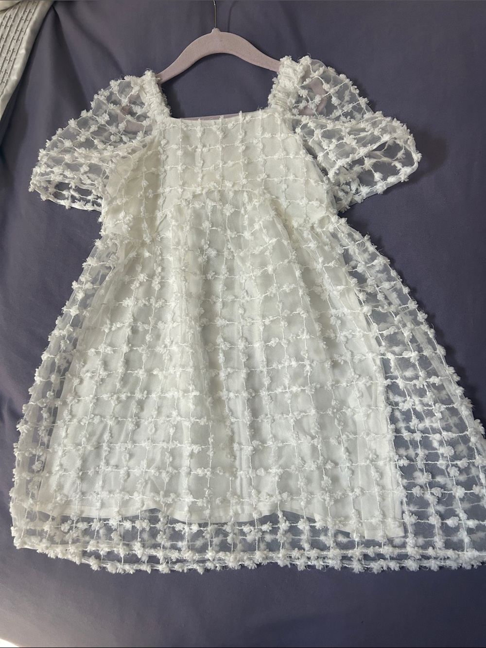 Zara White Textured Puff-Sleeve Overlay Dress